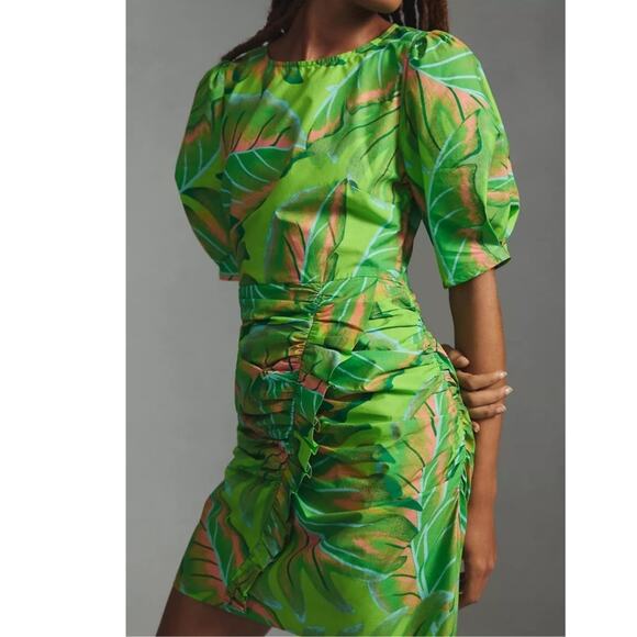 New Anthropologie Farm Rio Puff-Sleeve Mini Dress $190 MEDIUM Green TROPICAL - Picture 2 of 5
